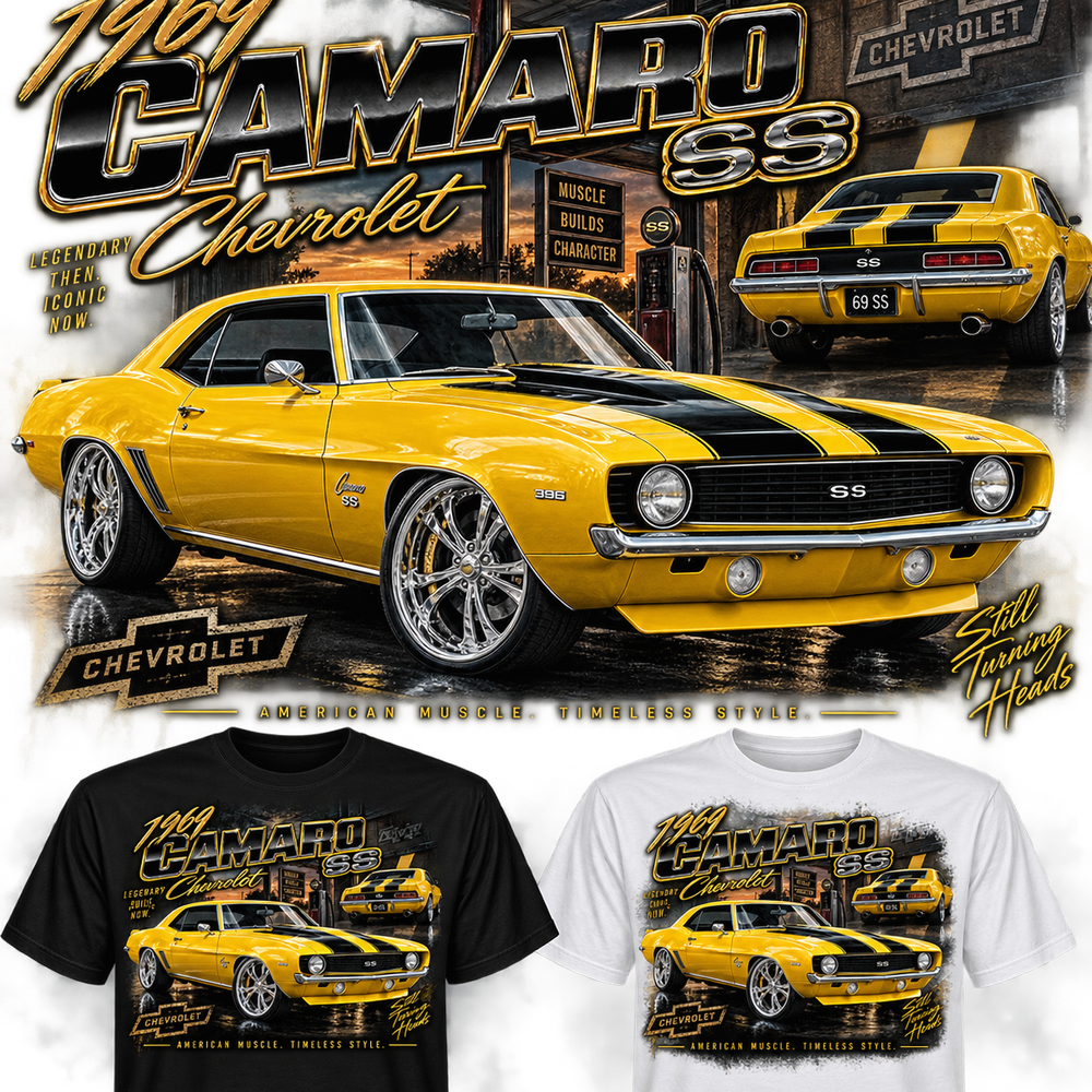 1969 Camaro SS muscle car T-shirt alternate close-up detail view