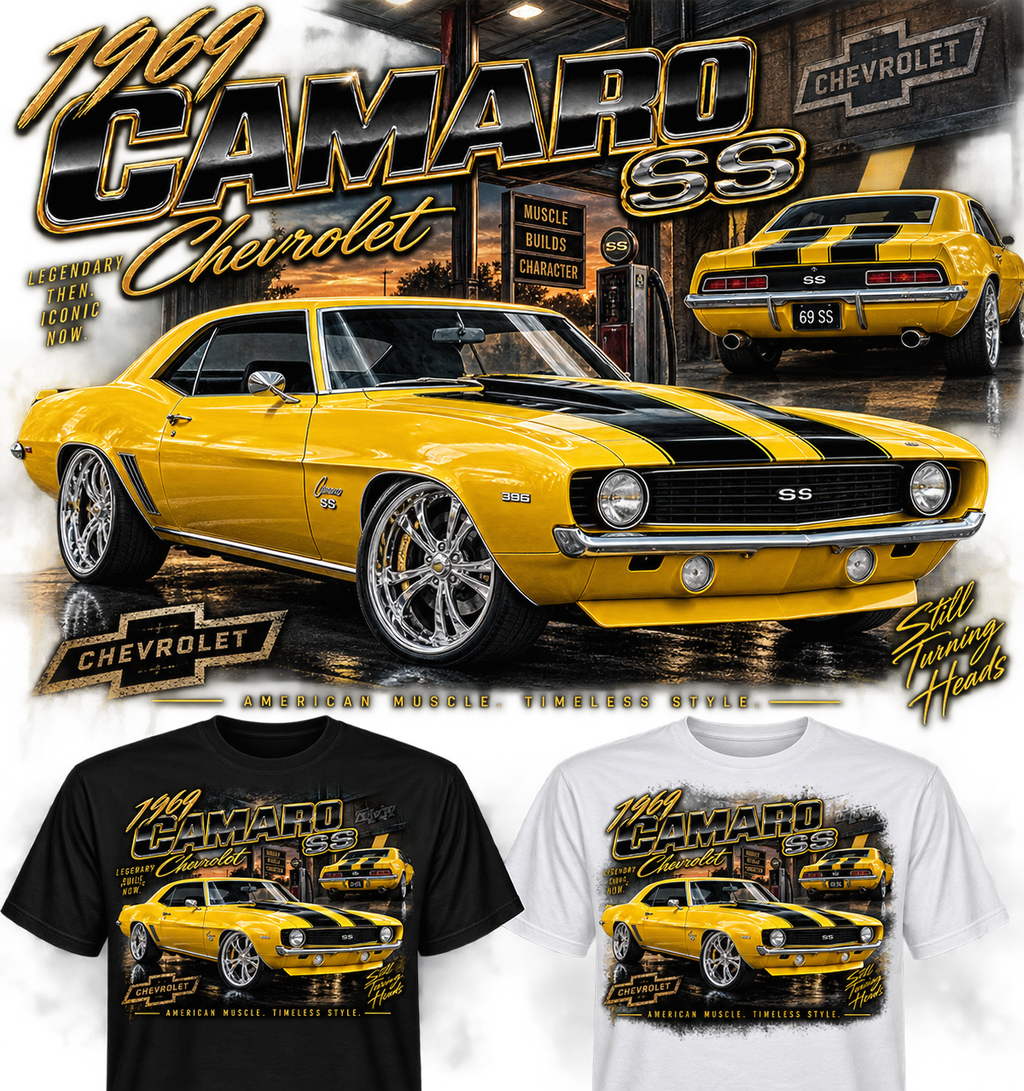 1969 Chevrolet Camaro SS yellow with black rally stripes T-shirt mockup in black and white