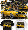 1969 Chevrolet Camaro SS yellow with black rally stripes T-shirt mockup in black and white