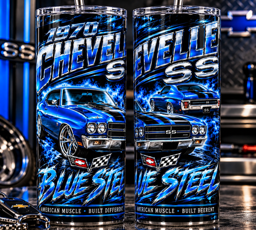 1970 Chevelle SS Blue Steel 20 oz skinny tumbler mockup