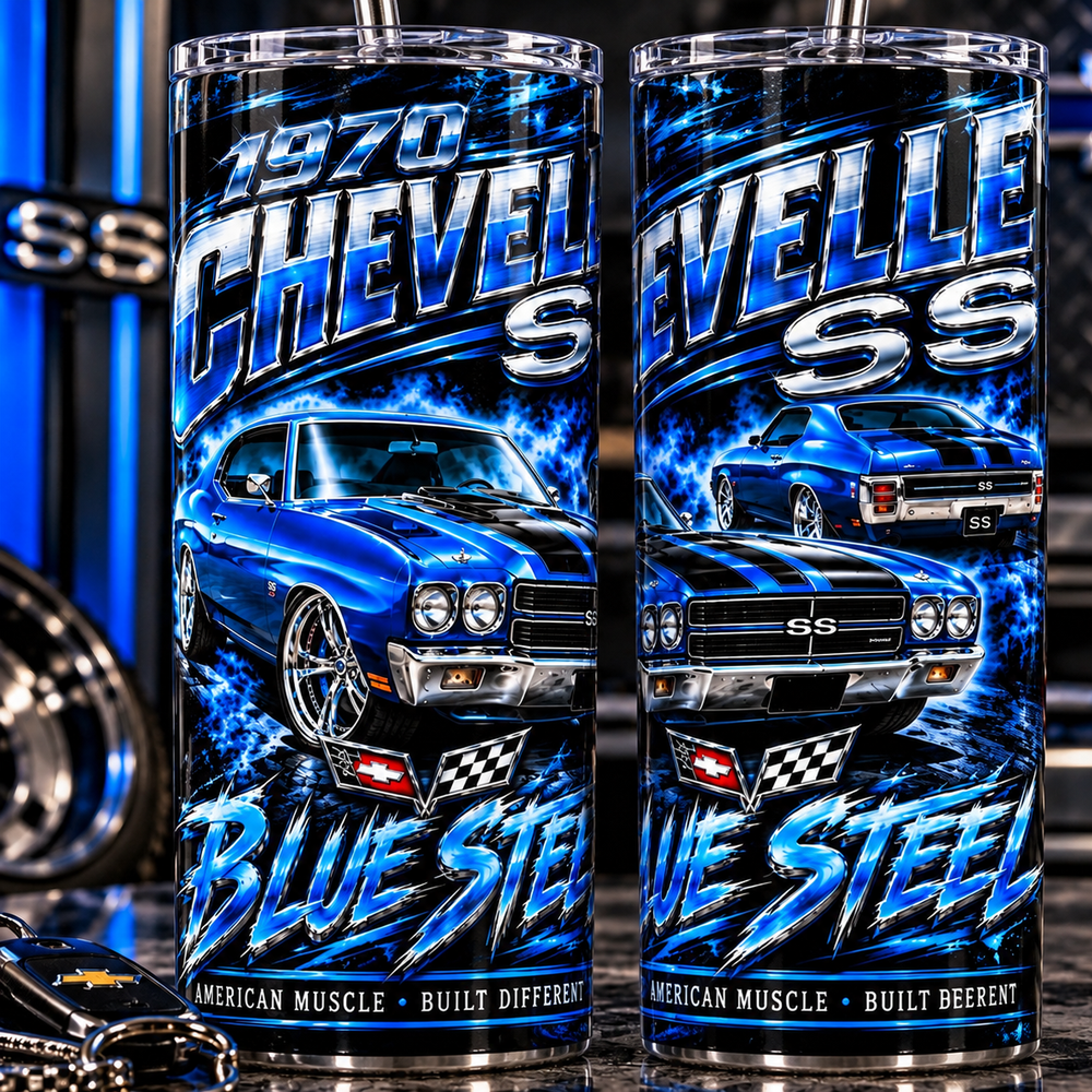 1970 Chevelle SS Blue Steel 20 oz tumbler close-up product view