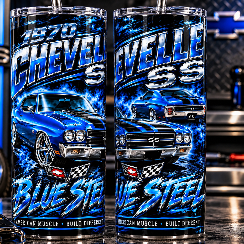1970 Chevelle SS Blue Steel 20 oz tumbler alternate close-up product view