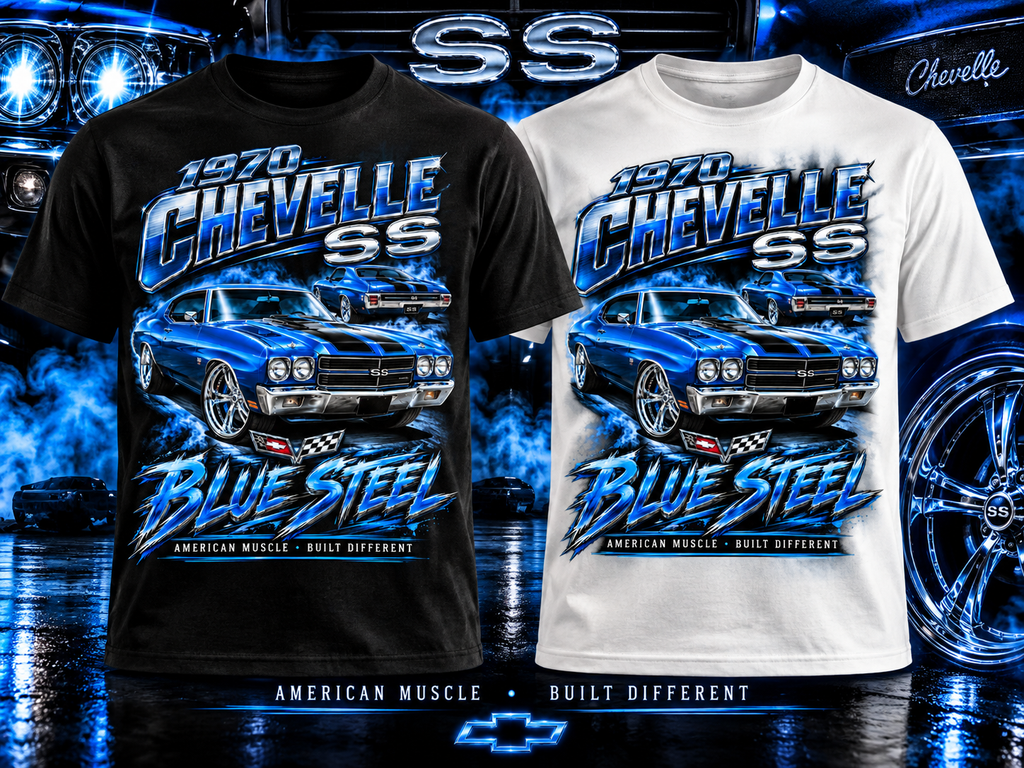 1970 Chevrolet Chevelle SS Blue Steel T-shirt mockup in black and white