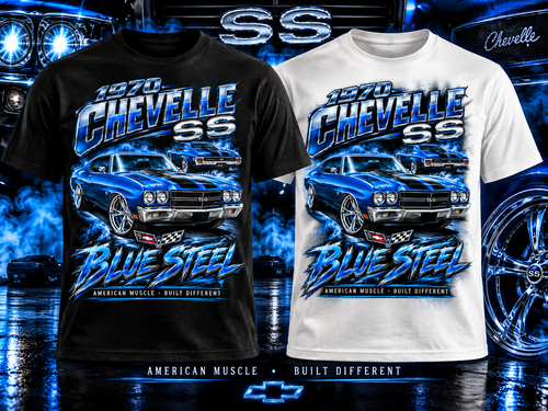 1970 Chevrolet Chevelle SS Blue Steel T-shirt mockup in black and white