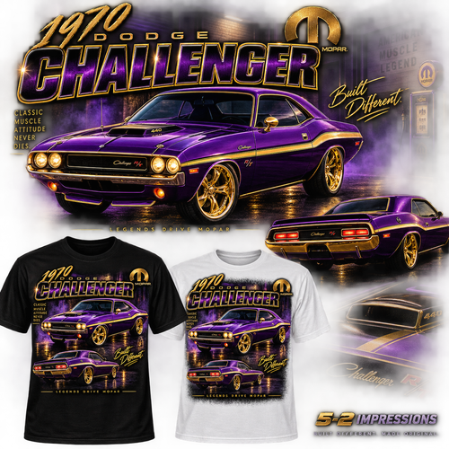 1970 Dodge Challenger – Purple & Gold T-shirt close-up product view
