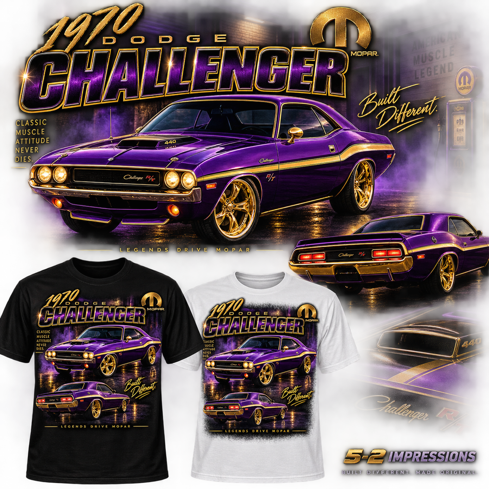 1970 Dodge Challenger – Purple & Gold T-shirt alternate close-up product view
