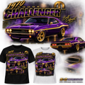 1970 Dodge Challenger purple and gold T-shirt mockup in black and white