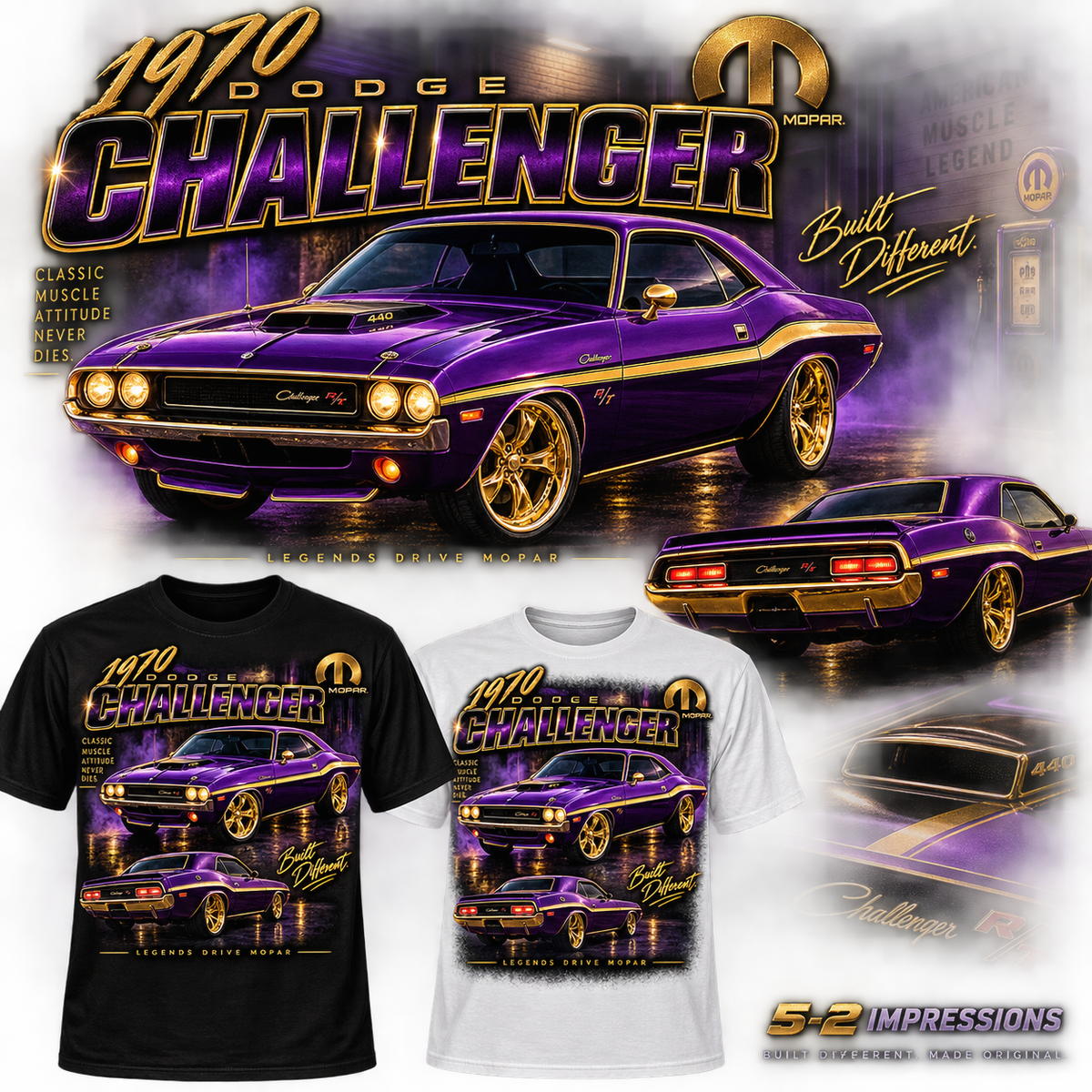 1970 Dodge Challenger purple and gold T-shirt mockup in black and white