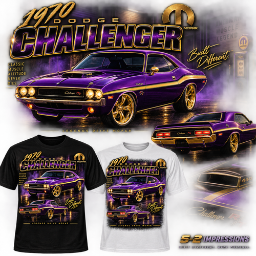 1970 Dodge Challenger purple and gold T-shirt mockup in black and white