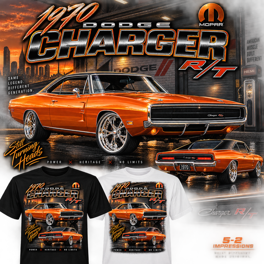 1970 Dodge Charger R/T – Orange & Chrome T-shirt close-up product view