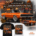 1970 Dodge Charger R/T orange and chrome T-shirt mockup in black and white