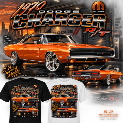 1970 Dodge Charger R/T orange and chrome T-shirt mockup in black and white