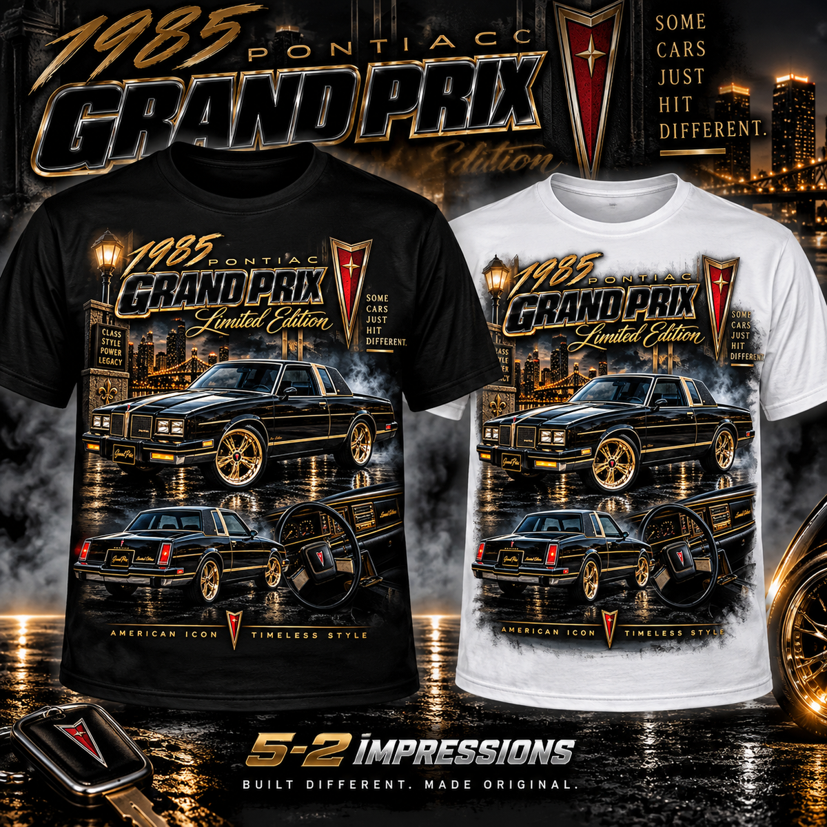 1985 Pontiac Grand Prix Limited Edition T-shirt mockup in black and white