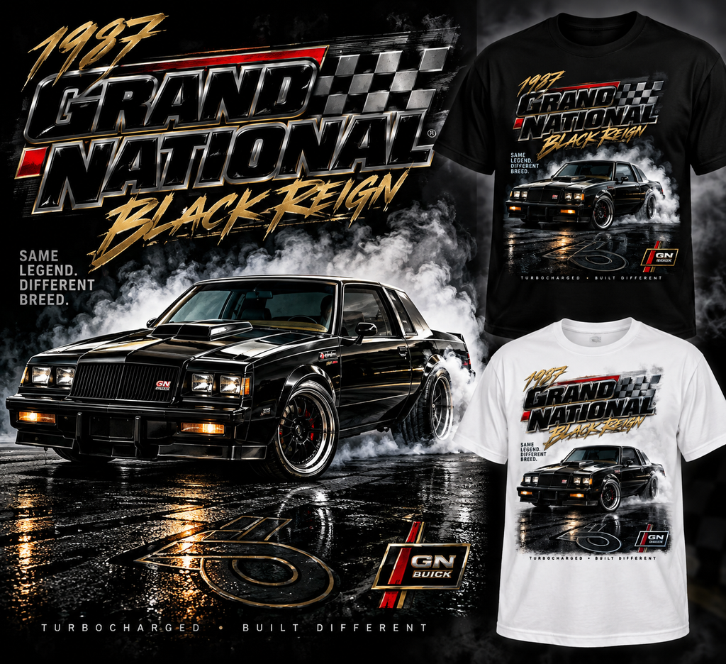 1987 Buick Grand National Black Reign T-shirt mockup in black and white