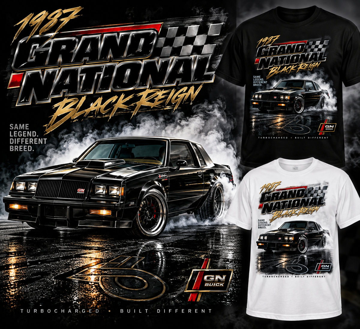1987 Buick Grand National Black Reign T-shirt mockup in black and white