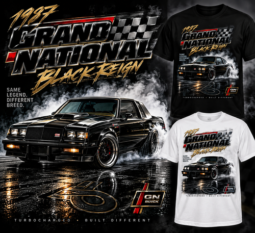 1987 Buick Grand National Black Reign T-shirt mockup in black and white