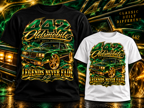 442 Oldsmobile Legends Never Fade T-shirt mockup in black and white