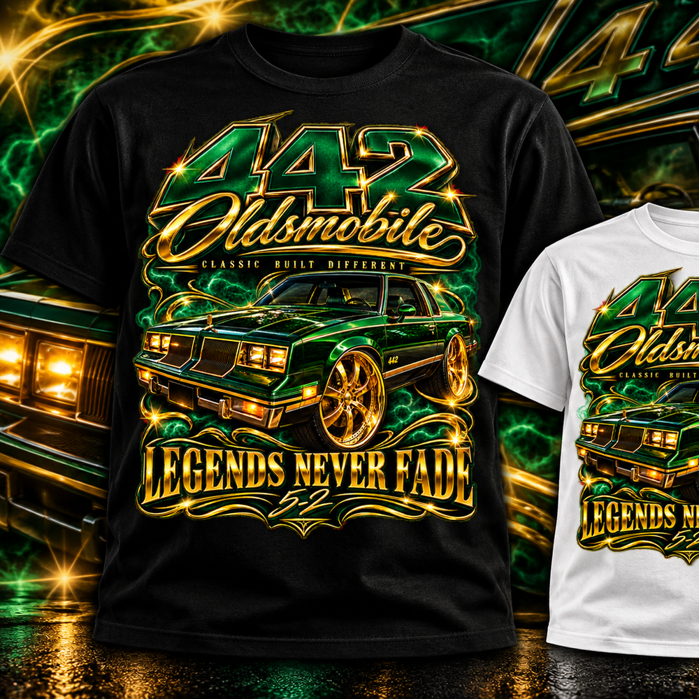 442 Oldsmobile – Legends Never Fade T-shirt close-up product view