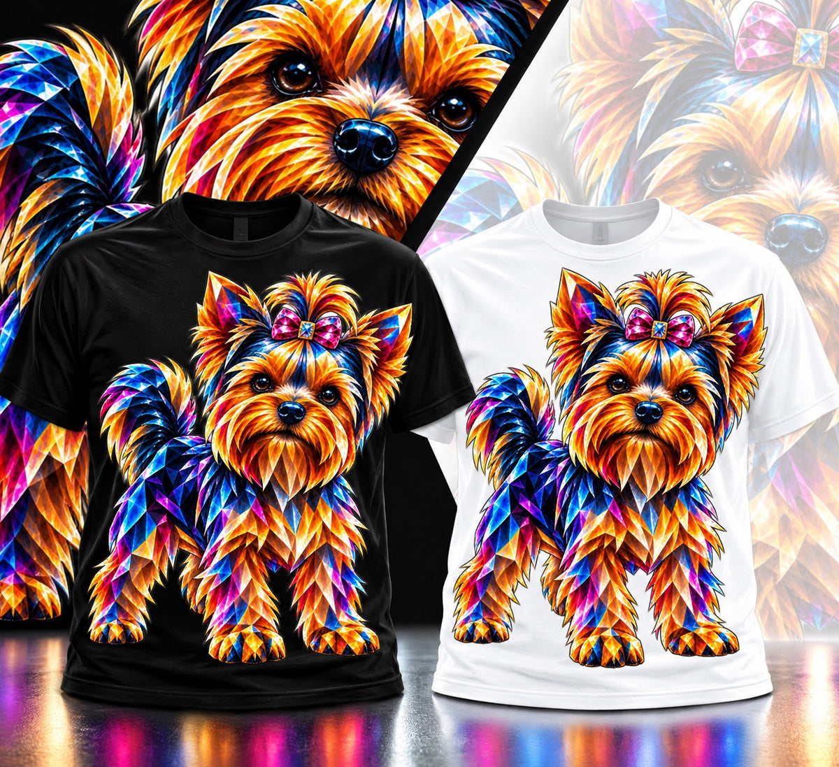 5-2 Impressions colorful crystal Yorkie T-shirt mockup in black and white
