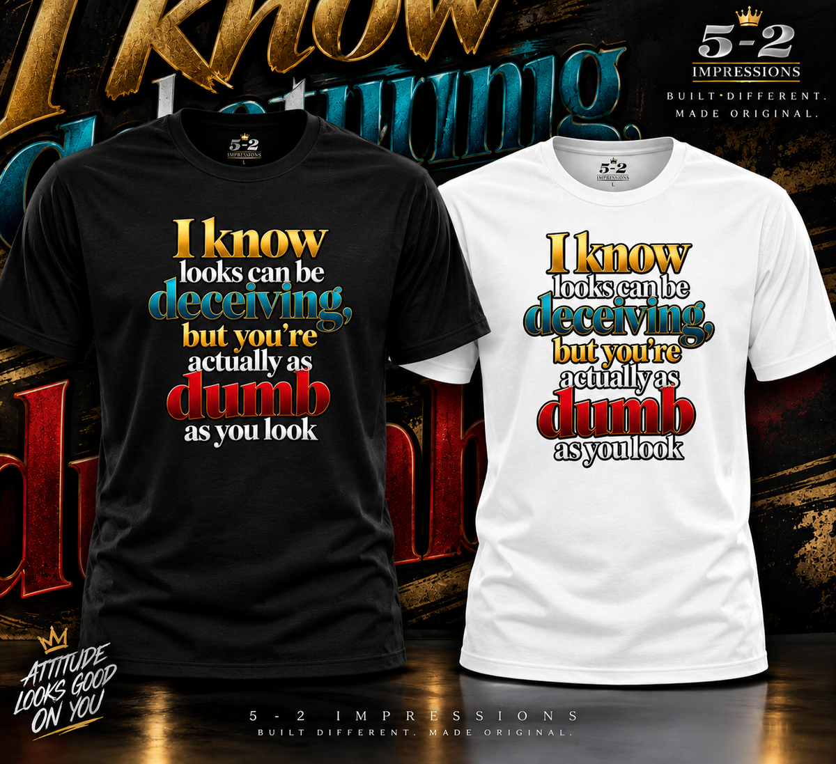 5-2 Impressions I Know Looks Can Be Deceiving T-shirt in black and white