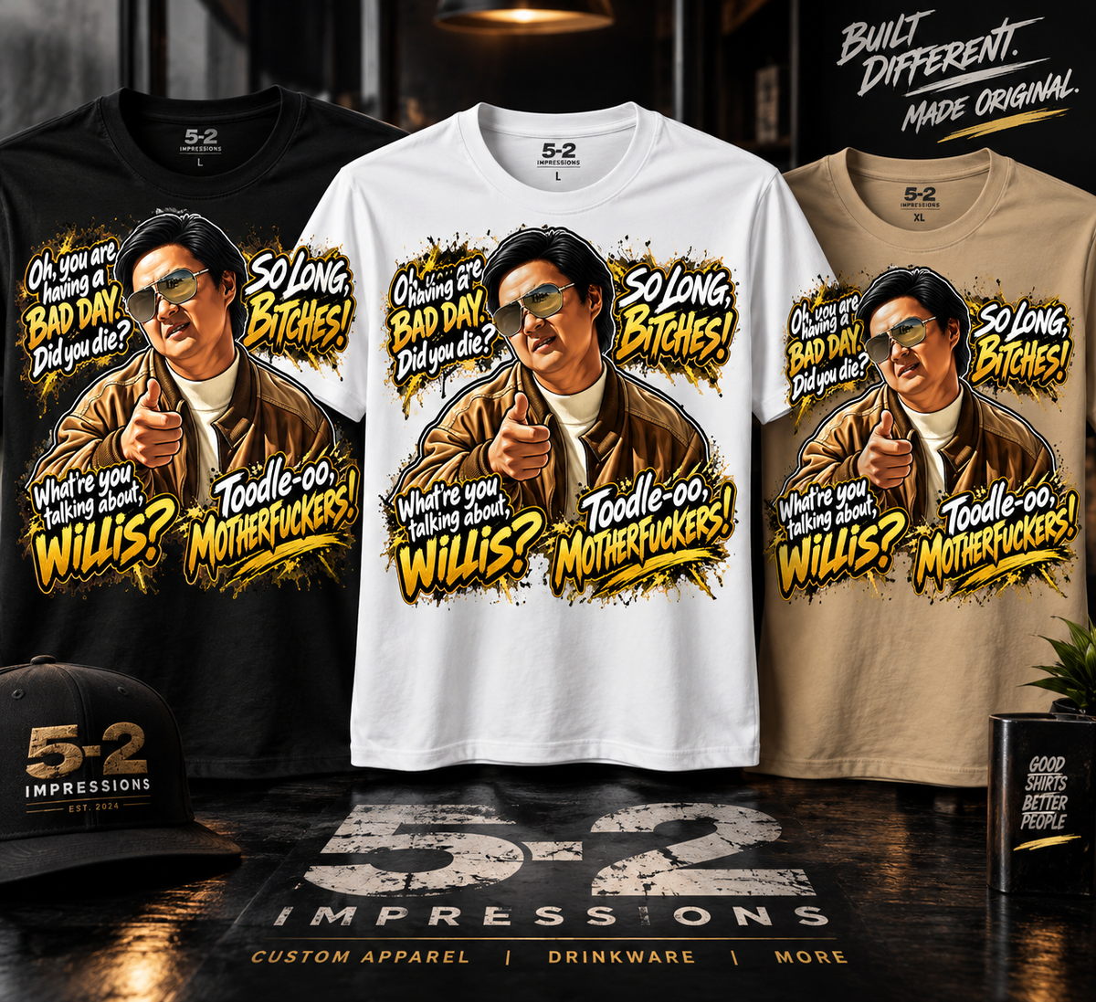 Funny quote T-shirt mockup featuring four sayings in black white and gold