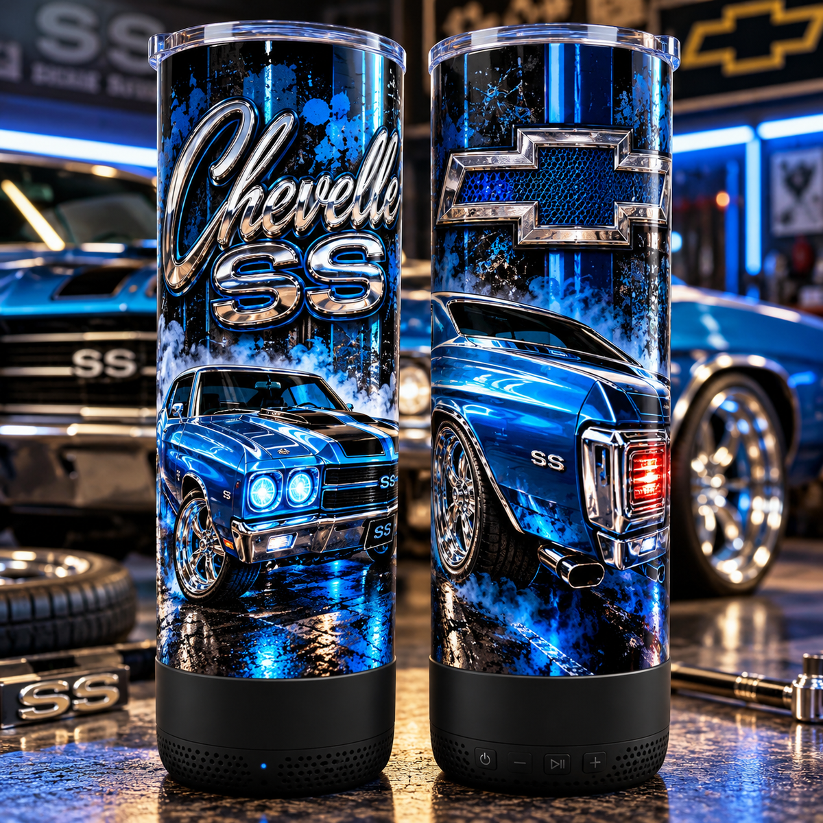 Chevelle SS 20 oz Bluetooth speaker tumbler mockup