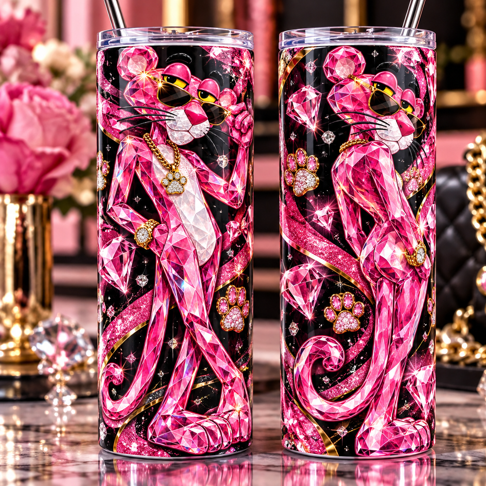 Crystal Pink Panther 20 oz tumbler close-up product view