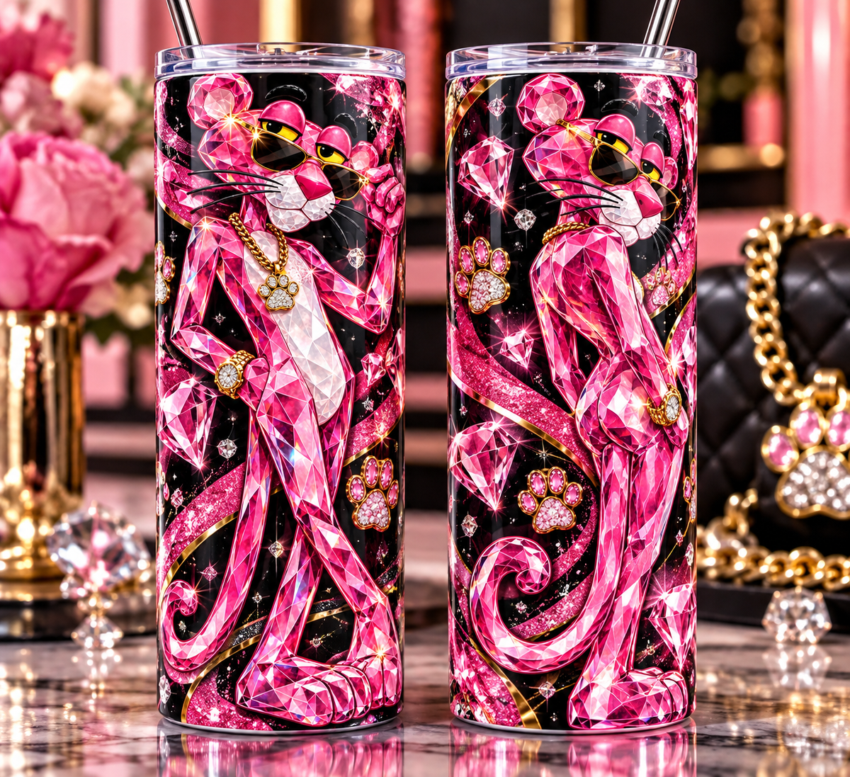 Crystal Pink Panther 20 oz skinny tumbler mockup