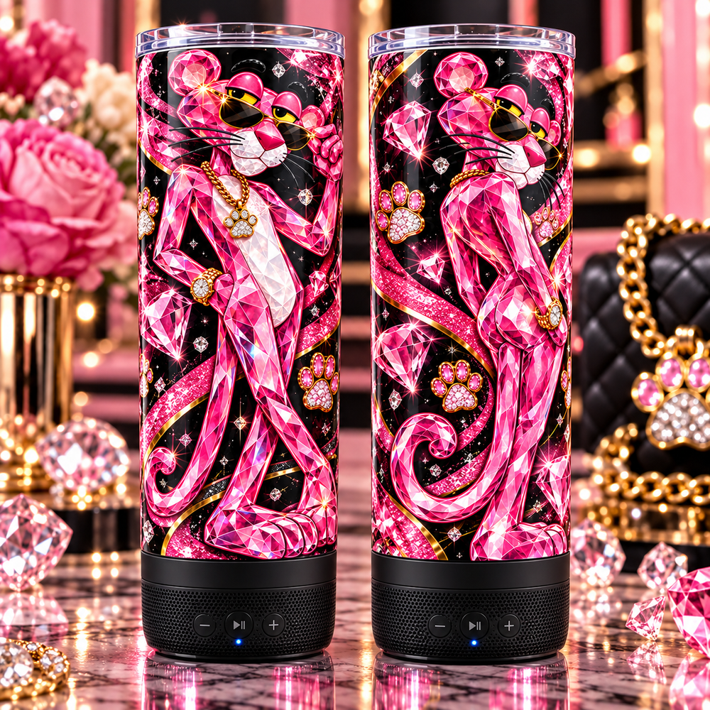 Crystal Pink Panther Bluetooth speaker 20 oz tumbler close-up product view
