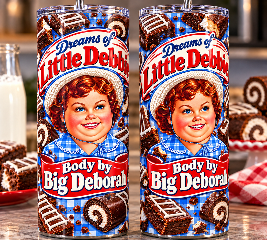Dreams of Little Debbie Body by Big Deborah 20 oz skinny tumbler mockup