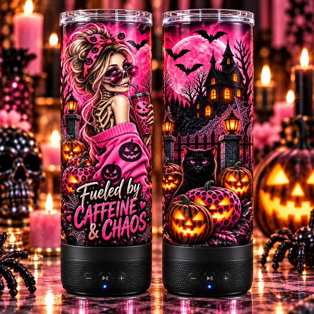 Fueled by Caffeine and Chaos Bluetooth speaker 20 oz tumbler alternate close-up product view
