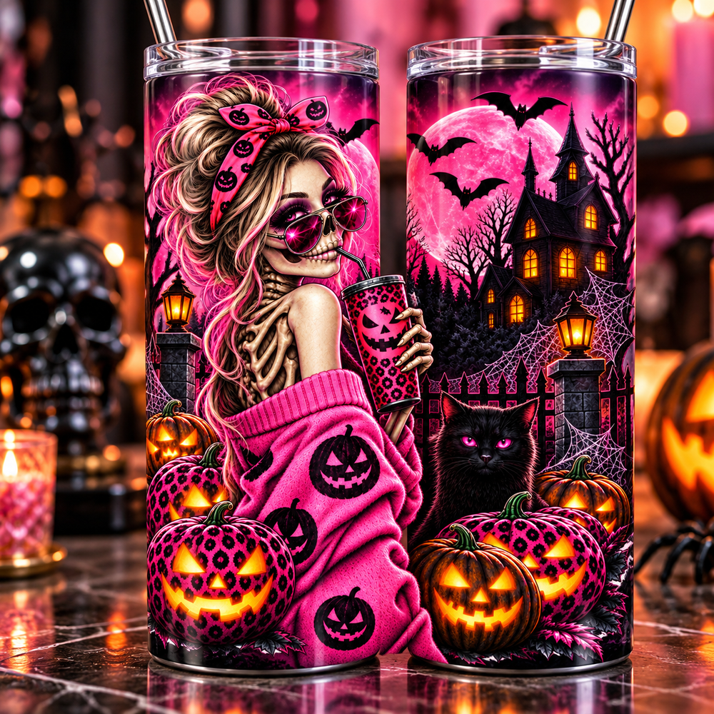 Fueled by Caffeine and Chaos Halloween 20 oz tumbler close-up product view