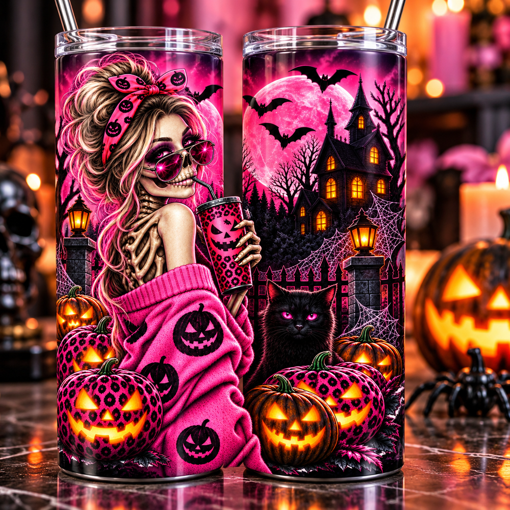 Fueled by Caffeine and Chaos Halloween 20 oz tumbler alternate close-up product view
