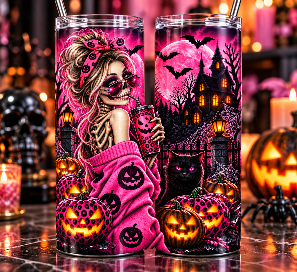 Fueled by Caffeine and Chaos pink Halloween 20 oz skinny tumbler mockup