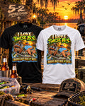 Black and white I Love These B's fishing T-shirts featuring two fishing buddies, bass and the words Buddies Boats Beer and Bass.