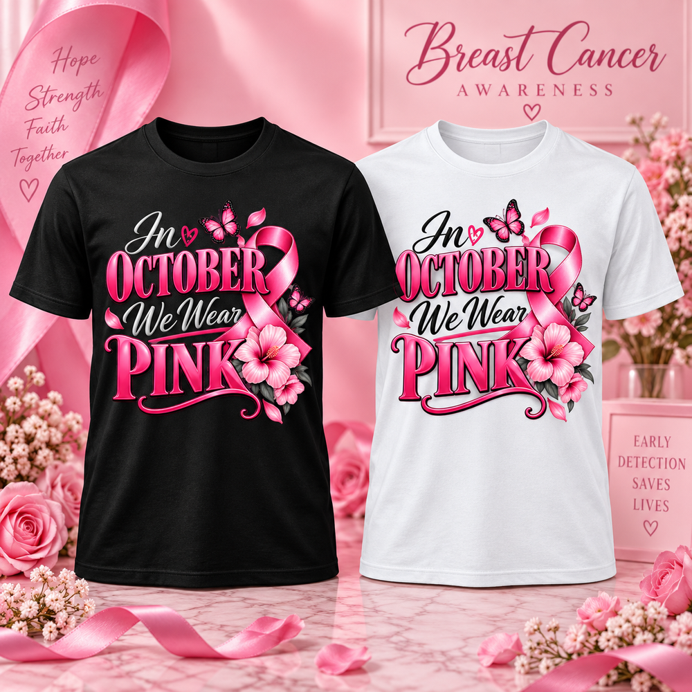 In October We Wear Pink T-shirt close-up product view
