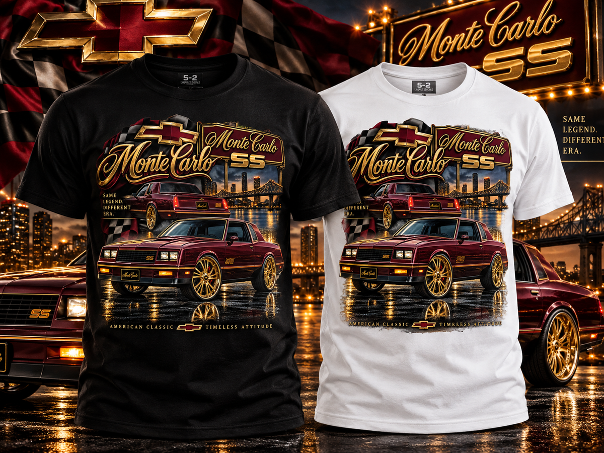 Burgundy and gold Chevrolet Monte Carlo SS T-shirt mockup in black and white