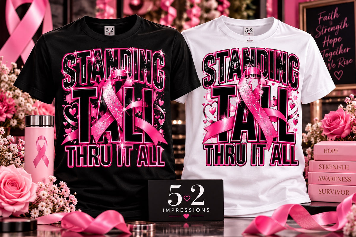 Standing Tall Thru It All breast cancer awareness tee in black and white