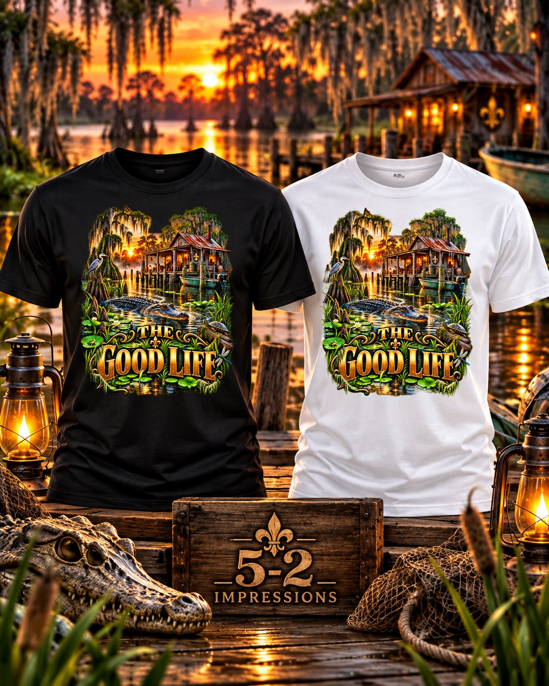 The Good Life Louisiana bayou T-shirt mockup in black and white