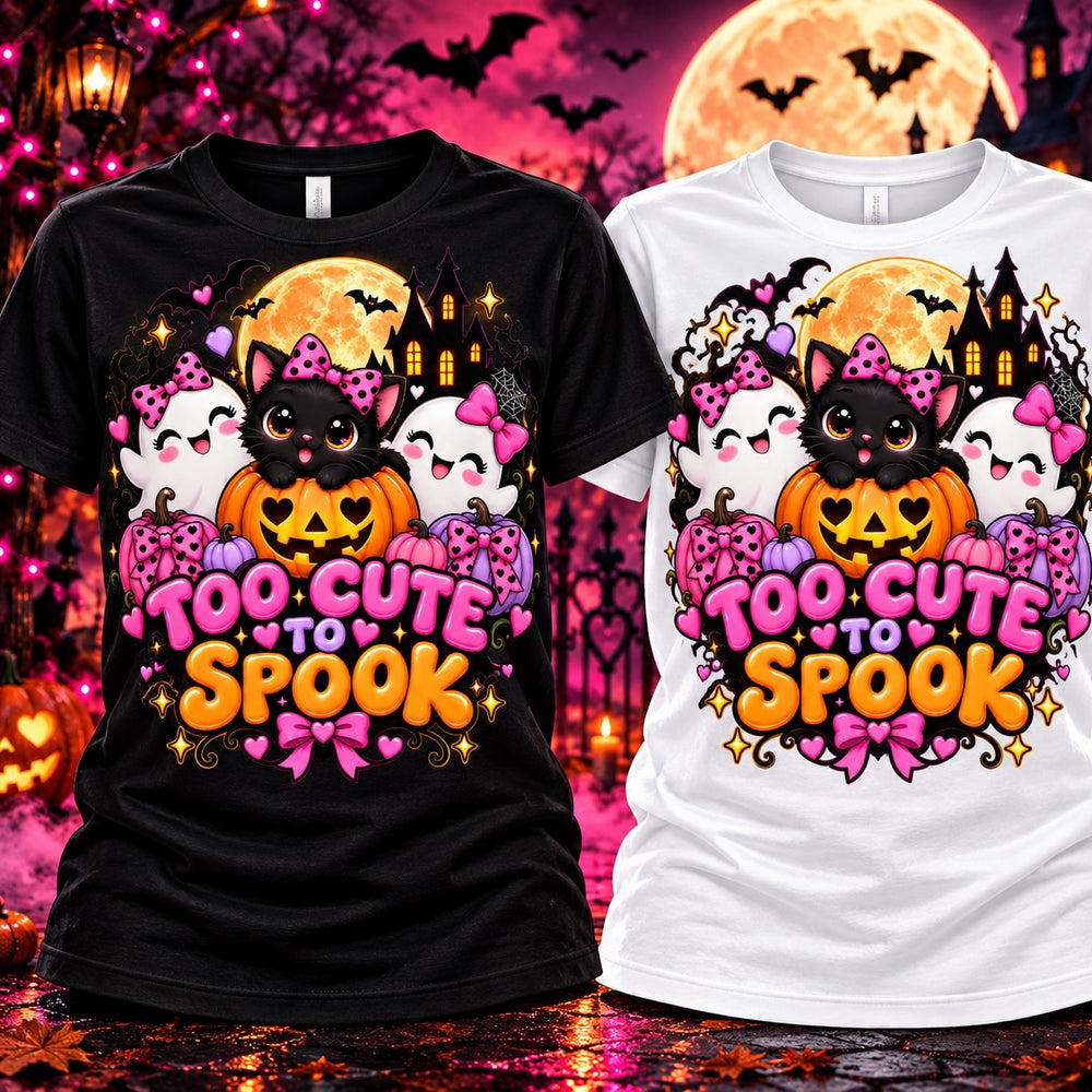 Too Cute to Spook Halloween T-shirt close-up detail view