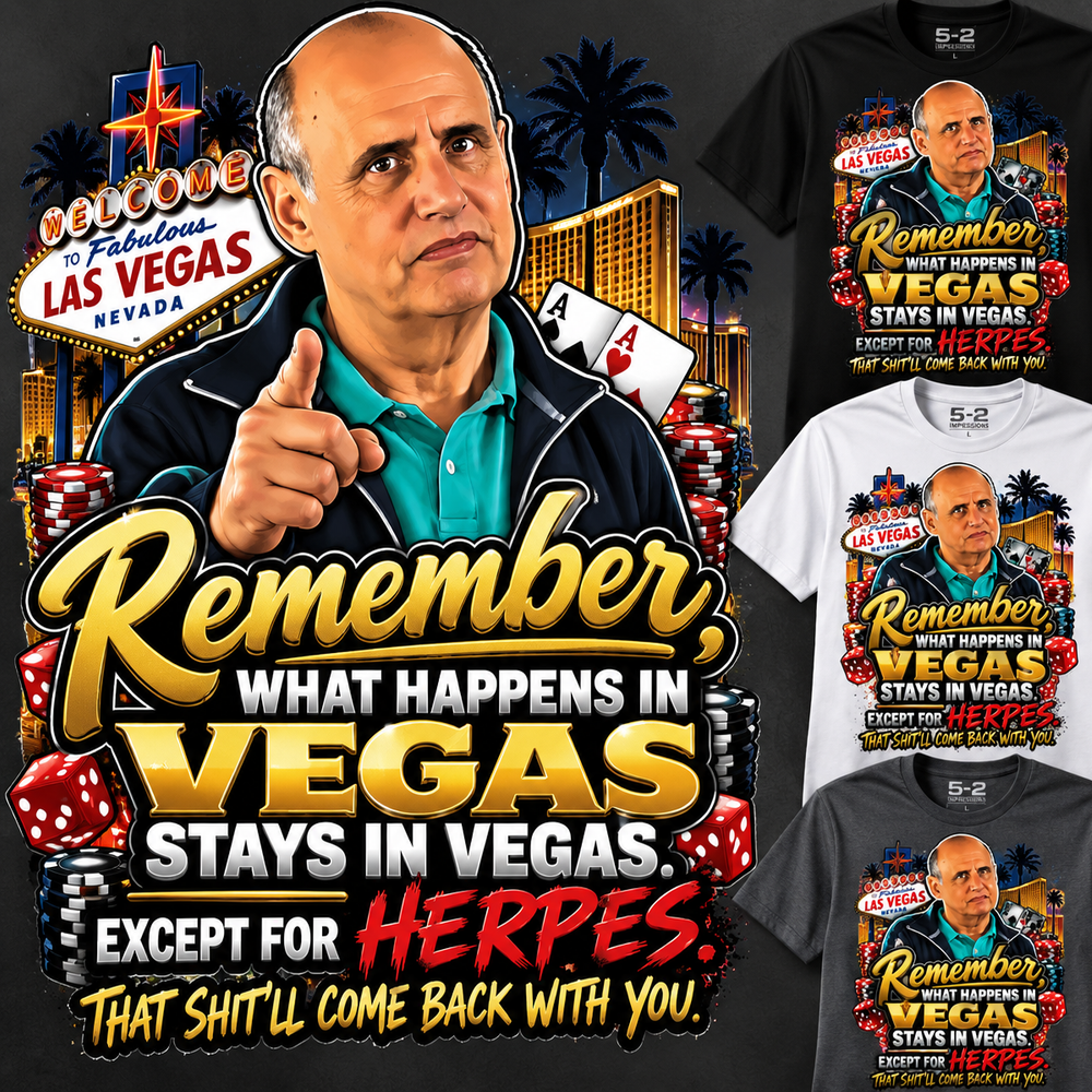 What Happens in Vegas funny T-shirt close-up detail view