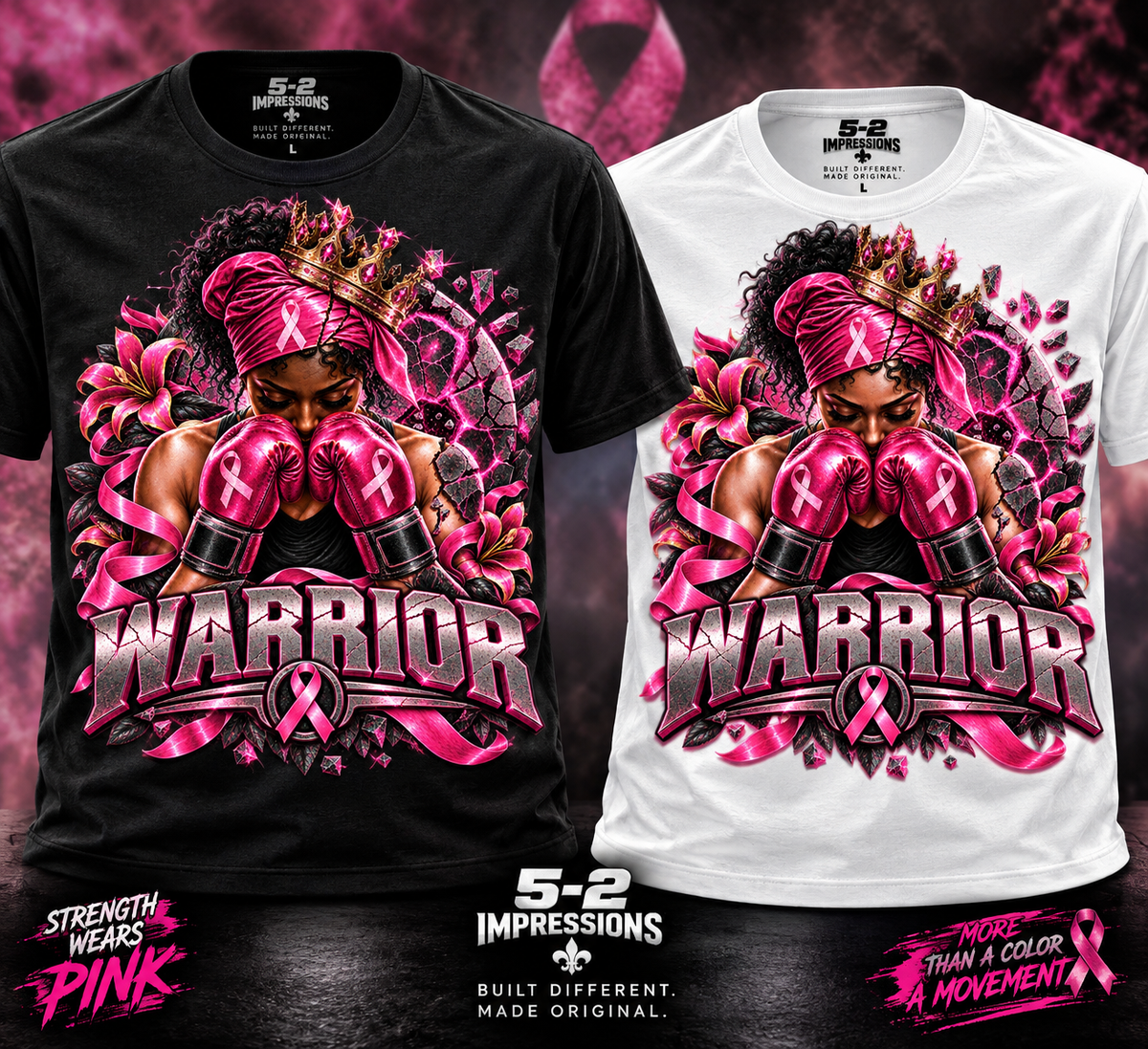 WARRIOR breast cancer awareness tee featuring Black woman in black and white shirt options